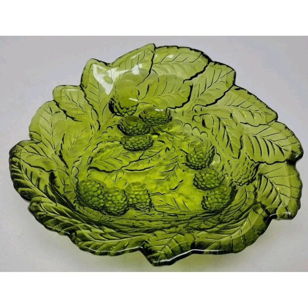 Vintage Indiana Glass Bowl Loganberry Olive Green Texture Berries Leaves Dish 7”